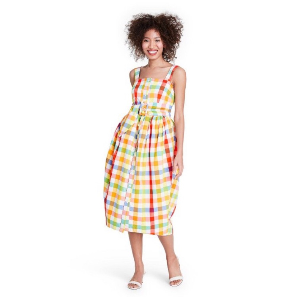 CHRISTOPHER JOHN ROGERS Plaid Wide Strap Tie Dress